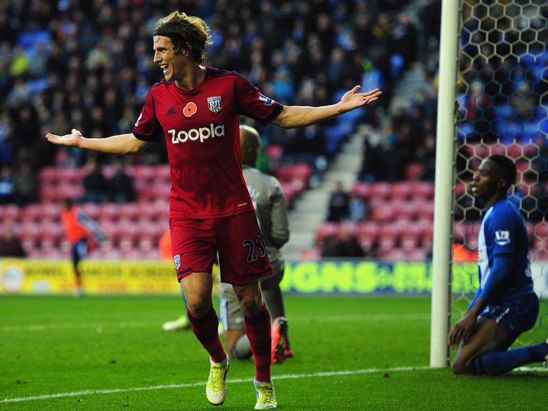WBA double their lead, Billy Jones weaves into the Wigan box and whips in a cross which is directed into the net by Latics defender Gary Caldwell.