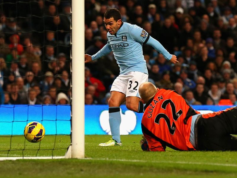 Tevez finishes off a lovely move from City, Dzeko brings the ball down, feeds Nasri down the line and the Argentinian strike finds the net at the far post.