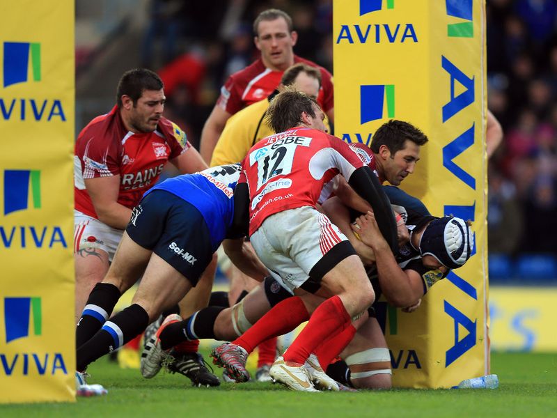 Bath's Dave Attwood is held up while attempting to go for a try