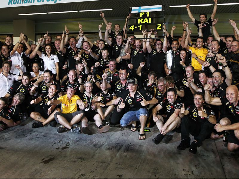 Celebrations outside the Lotus garage