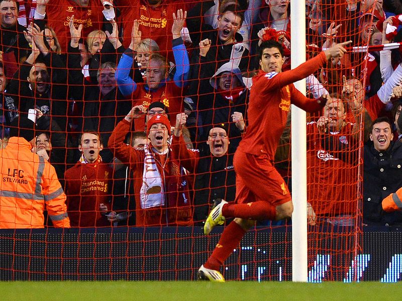 Suarez scores his 10th Premier League goal this season and doubles the lead for Liverpool.