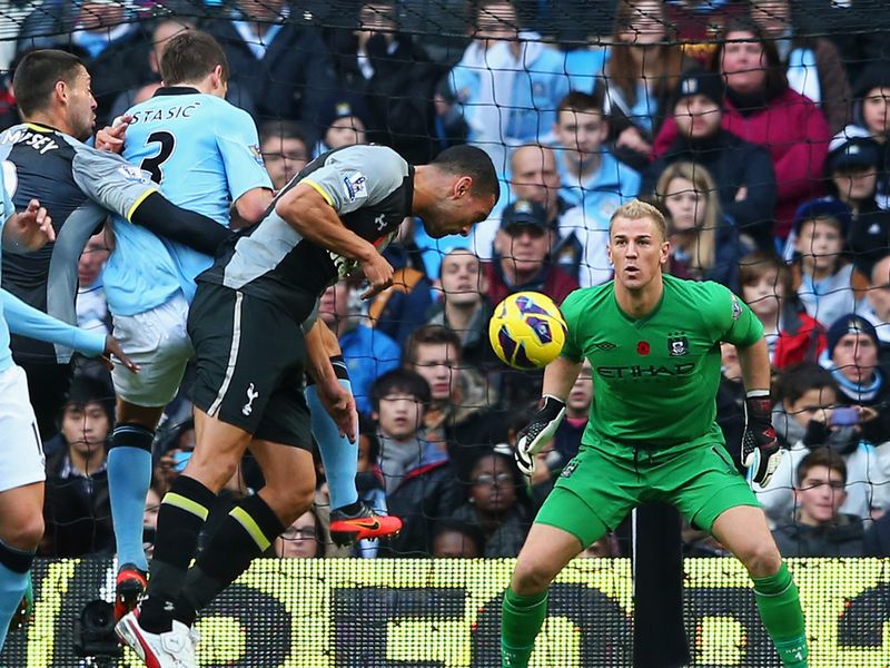 Steven Caulker gives Spurs a 21st-minute when this header creeps past City goalkeeper Joe Hart.