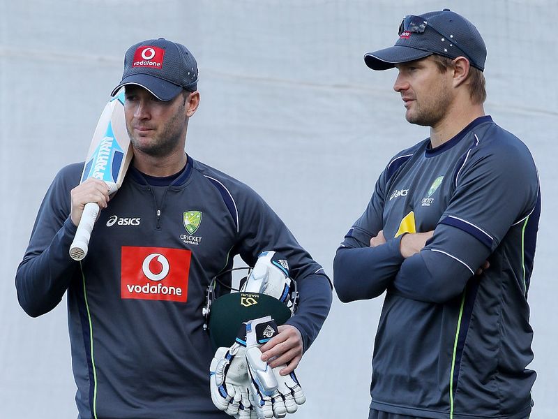 Michael Clarke chatted to Shane Watson, who was not included in the team due to his calf injury.