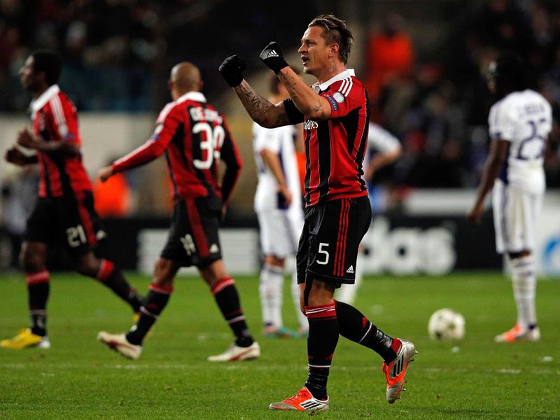 Philippe Mexes scores an overhead kick from outside the area for AC Milan's second in a 3-1 victory. Seeing them into the next stage of the competition.