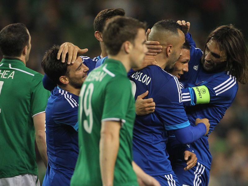 Greece celebrate after Loint Cholevas puts them in front in their friendly against Republic of Ireland in Dublin