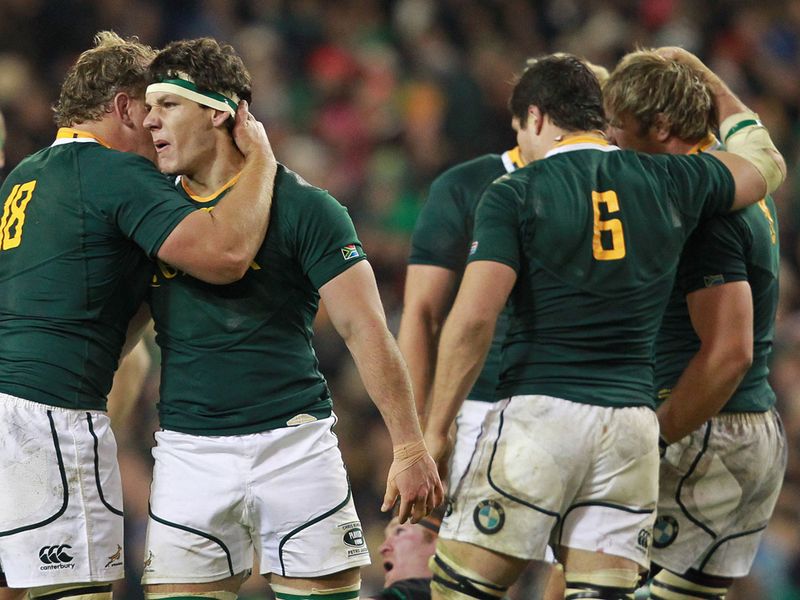 South Africa congratulate each other after a hard-earned win...