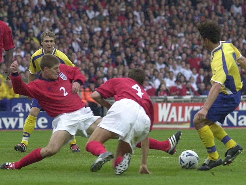 A 20-year-old Gerrard makes his England debut in a 2-0 victory against Ukraine at Wembley in May 2000.
