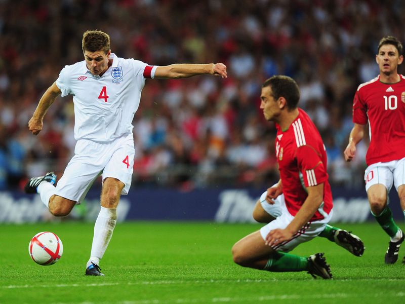 Determined to bounce back from the disappointment of the World Cup, Gerrard inspires in a 2-1 win over Hungary at Wembley, scoring both goals.