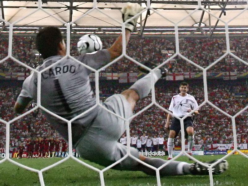 Portuguese keeper Ricardo saves Gerrard's penalty as England crash out in the World Cup 2006 quarter finals.