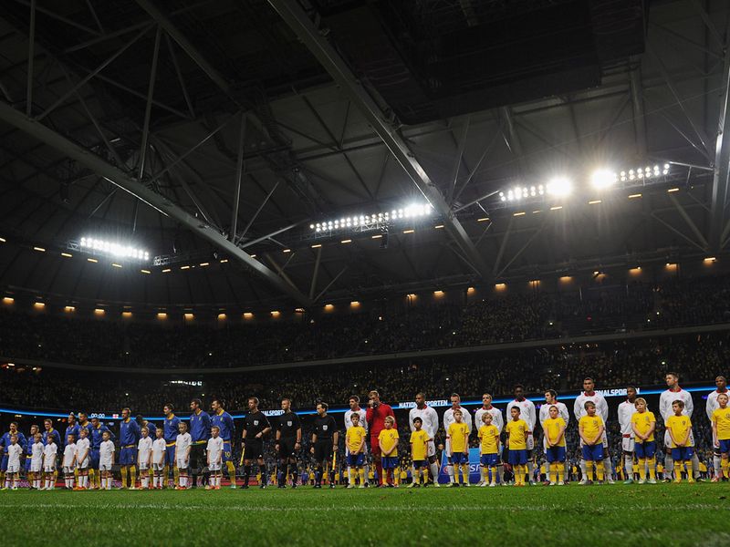Sweden and England teams line up for the national anthems ahead of their friendly clash at the new Friends Arena