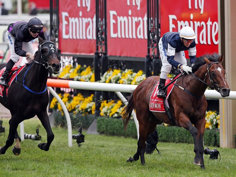 Green Moon beats Fiorente to win the 2012 Melbourne Cup...
