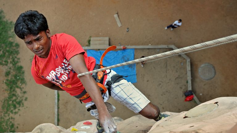 Indian para-climber Kumar Manikandan in action in Bangalore