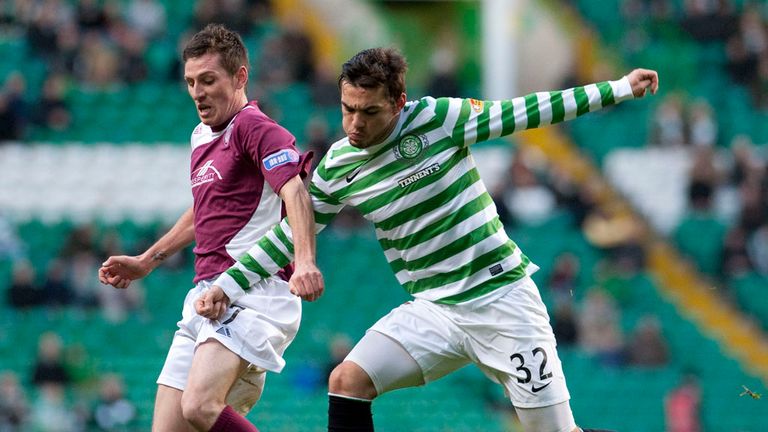 Paul Currie and Tony Watt: Battling for the ball at Parkhead