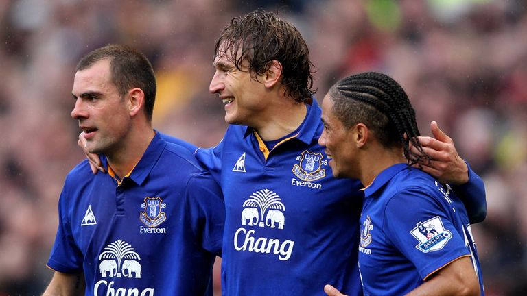 Nikica Jelavic celebrates a goal with Everton team-mates Darron Gibson and Steven Pienaar