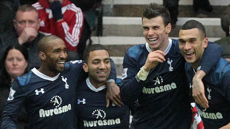 Steven Caulker (right): Celebrating with Spurs team-mates Aaron Lennon, Jermain Defoe and Gareth Bale