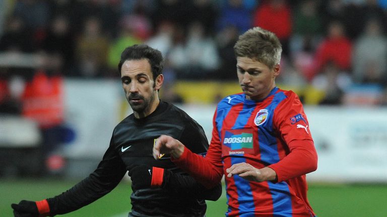 Juanfran and Vaclav Prochazka battle for the ball