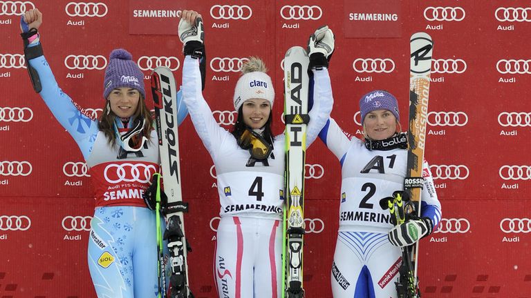 Anna Fenninger tops the podium flanked by Maze (L) and Worley