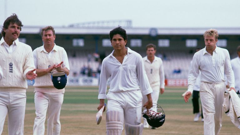 Sachin Tendulkar leaves the field after making his maiden Test century against England in 1990