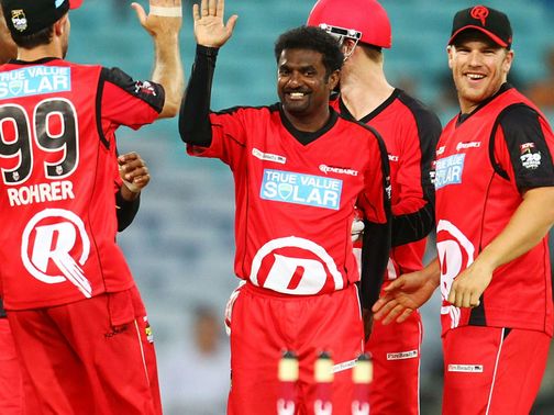 Muttiah Muralitharan celebrates a wicket for Melbourne