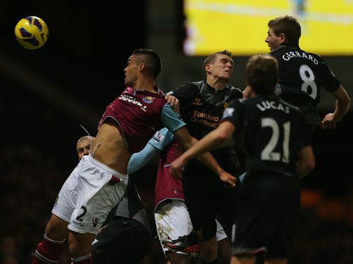 Steven Gerrard heads home...to give West Ham the lead with an own goal&nbsp;