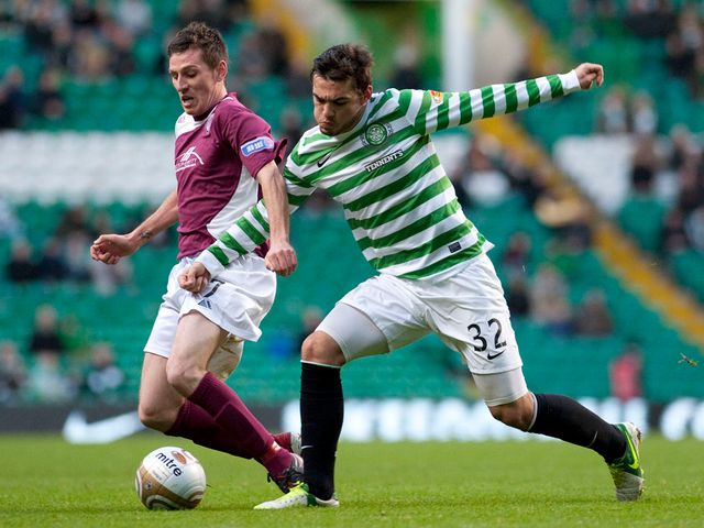 Paul Currie and Tony Watt battle for the ball