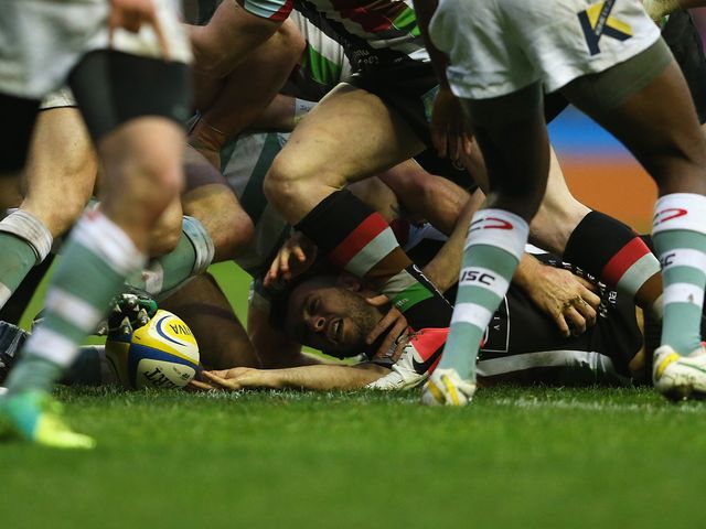 Dany Care forces his way over for a Quins try