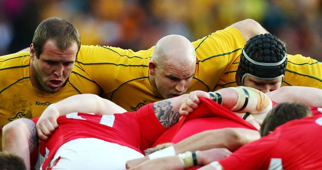 Australia's front row packs down against the Lions this summer