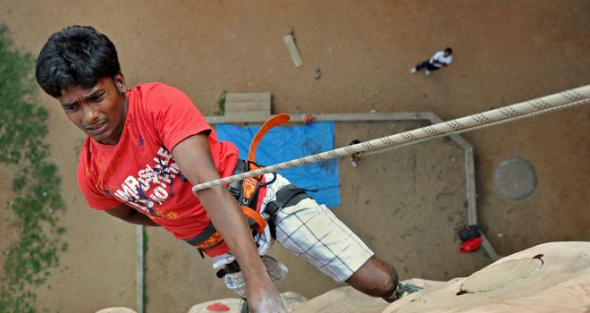 Indian para-climber Kumar Manikandan in action in Bangalore