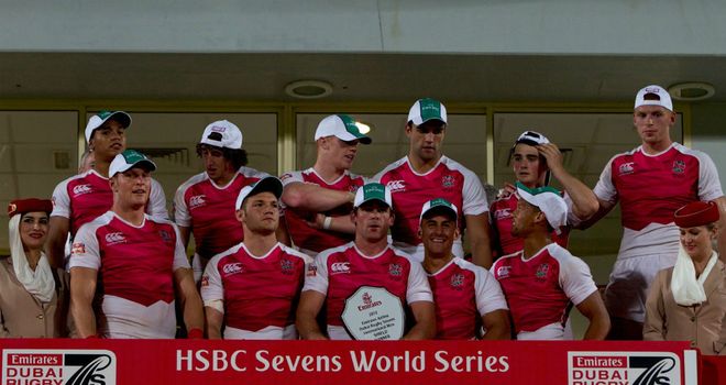 England lift the Shield at the Dubai Sevens (Photo: IRB/Martin Seras Lima)