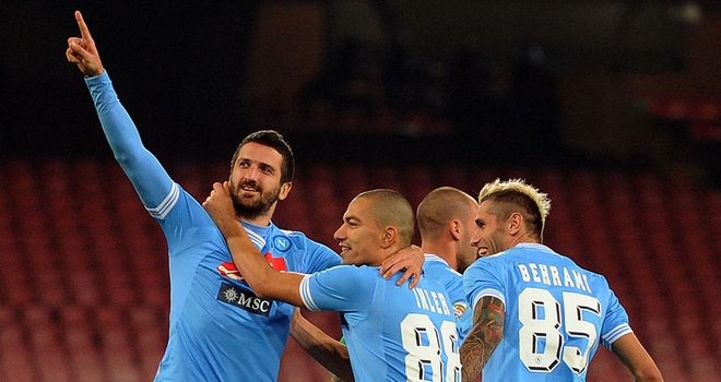 Alessandro Gamberini celebrates his Napoli equaliser