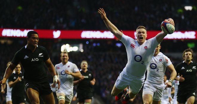 ENGLAND: Chris Ashton scores a try against New Zealand