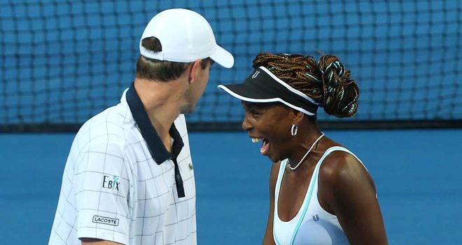 Venus Williams enjoying her Hopman Cup mixed doubles win with John Isner