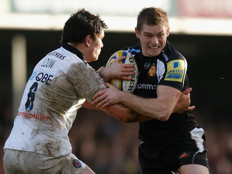 Derby dual: Exeter fly-half Gareth Steenson is tackled by Francois Louw of Bath