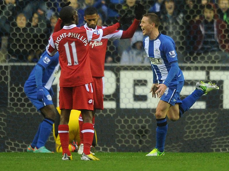 Wigan lead against QPR when the visitors fail to clear a corner and James McCarthy punishes them with a stinging volley from the edge of the area.