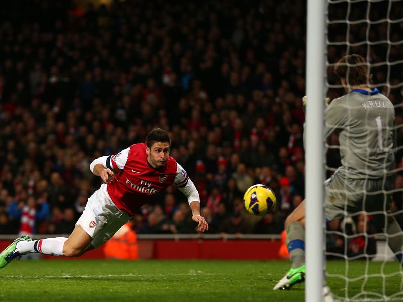 Olivier Giroud gets in on the goal fest. The Frenchman is only on the pitch ten minutes before he finds the net with a diving header.