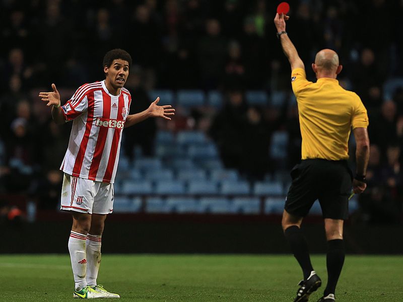 Stoke City are reduced to ten-men just minutes before the final whistle. Ryan Shotton earns a second yellow for tripping Fabian Delph.