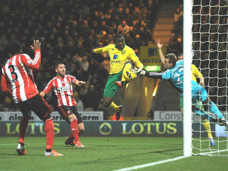 The Canaries don't have to wait long for a goal as Sebastien Bassong pokes the ball past Simon Mignolet