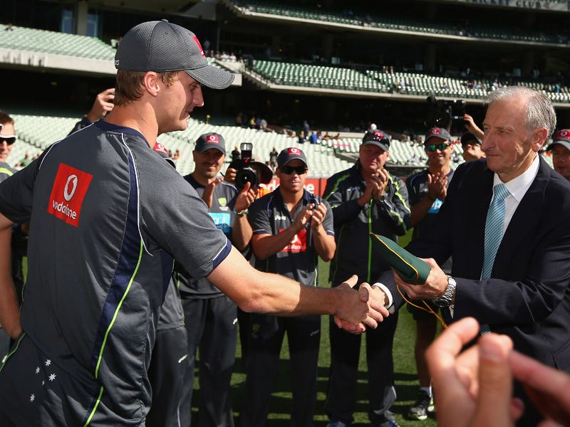 Debutant Jackson Bird proudly received his Baggy Green.