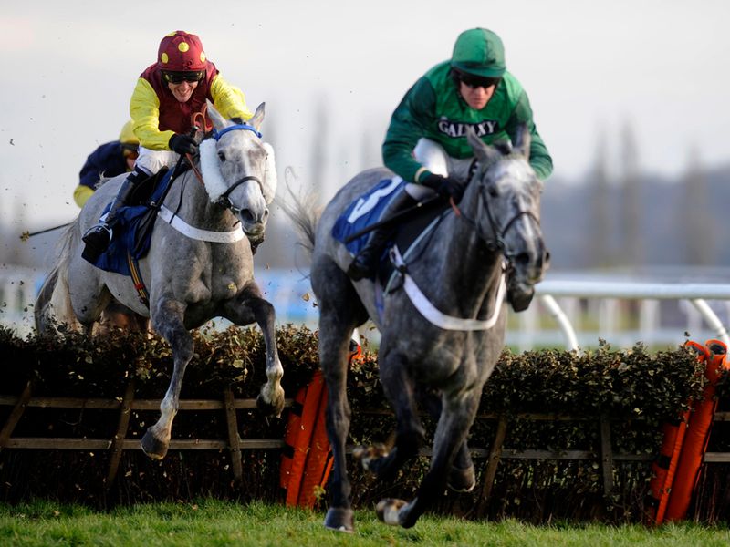 Mia Filleule leads over the last in the mares' novices' hurdle...