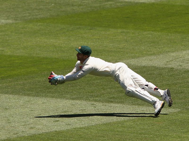 Matthew Wade took a great catch to get rid of Sangakkara.