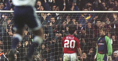 Gary Neville aims a stare towards Pilkington after a goal at Spurs in 1997