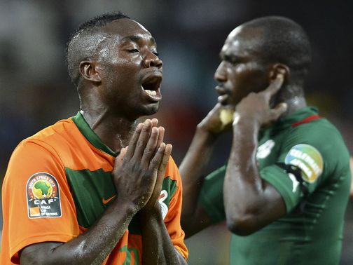 Zambia's Emmanuel Mayuka shows his frustration