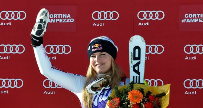 Lindsey Vonn: Celebrates her victory in the downhill at Cortina D'Ampezzo in Italy