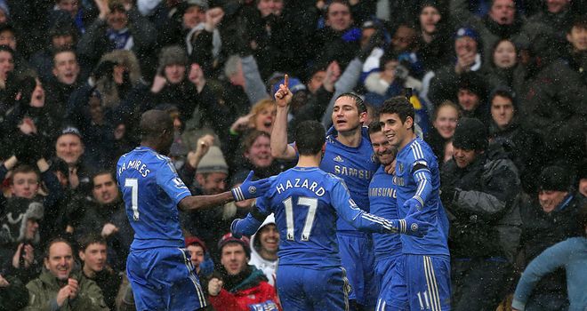 Chelsea celebrate after Mata's goal