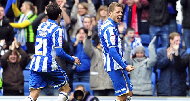 Brighton celebrate after scoring against Newcastle