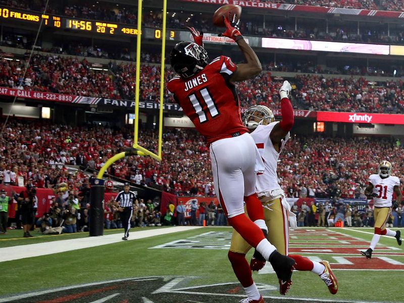 Julio Jones gets up high to grab his second TD of the game