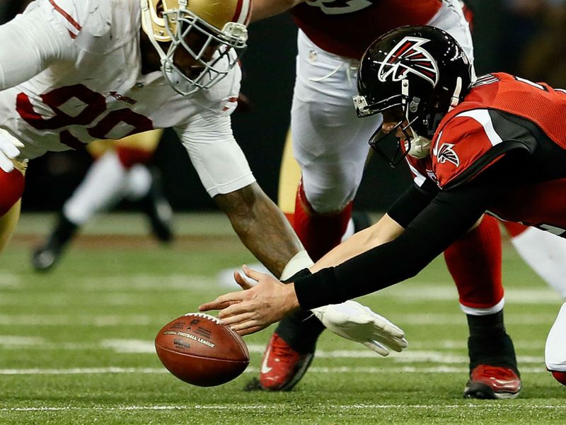 Matt Ryan loses a fumbled snap to Aldon Smith