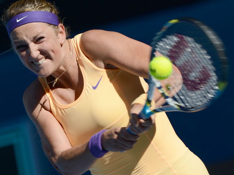 Belarus's Victoria Azarenka plays a return during her semi final match against Sloane Stephens