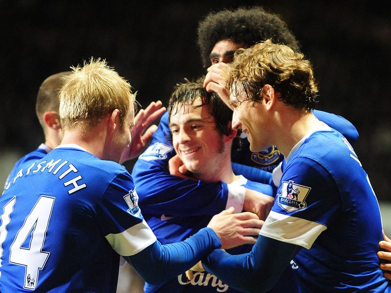 Baines is mobbed by his delighted Everton team-mates