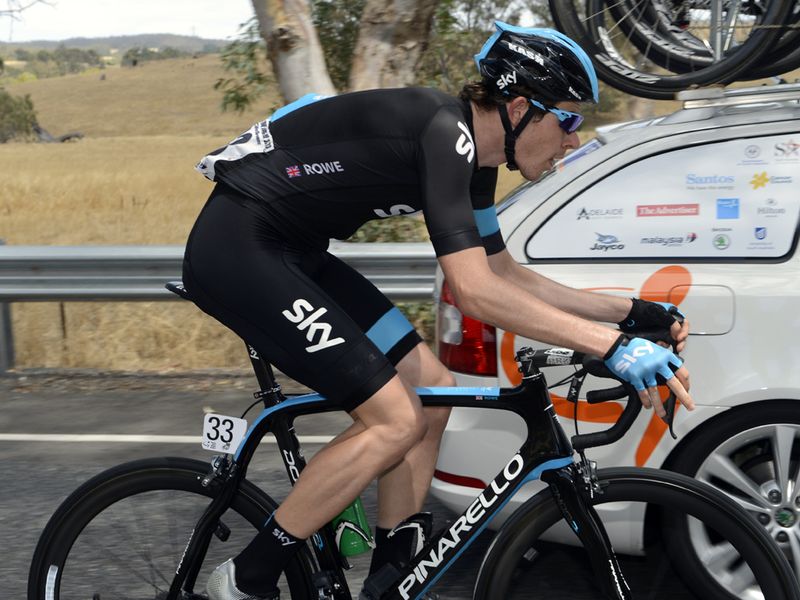 Luke Rowe heads back through the convoy on his Tour Down Under debut